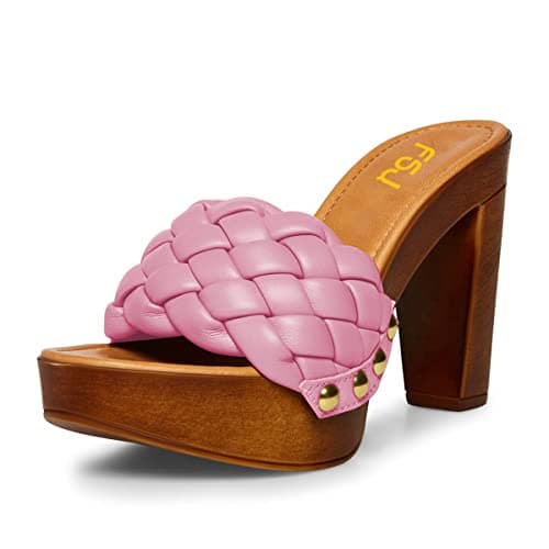 FSJ Women's Braided Chunky Heel Slip On Sandal Size 4-15 US — Pink
