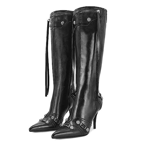 Women's Black Knee High Stiletto Boot TrendsPwd Toe Zippered Heel