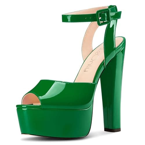 NobleOnly Chunky Heel Ankle Strap Sandals for Women Wedding Party Prom 5.9 Inches — Deep Green