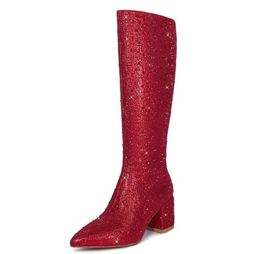 Wetkiss Sparkly Rhinestone Knee High Boots for Women Weddings Dates — L-red Rhinestone