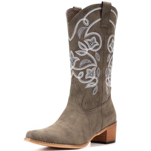 IUV Women's Pointy Toe Western Boots Mid Calf Cowgirl Boots — Khaki