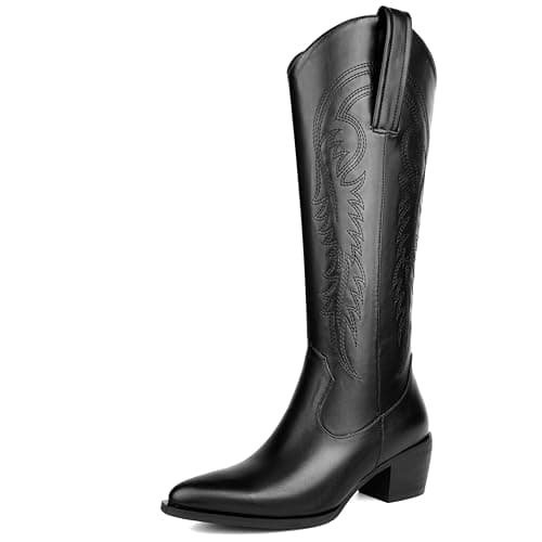 DOBOYG Women's Western Embroidered Cowboy Boots with Chunky Heel Perfect for Country Concerts — Black