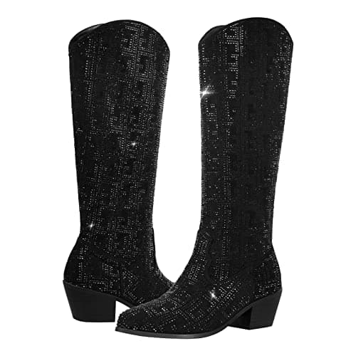 Richealnana Women's Rhinestone Zipper Block Heel Boots