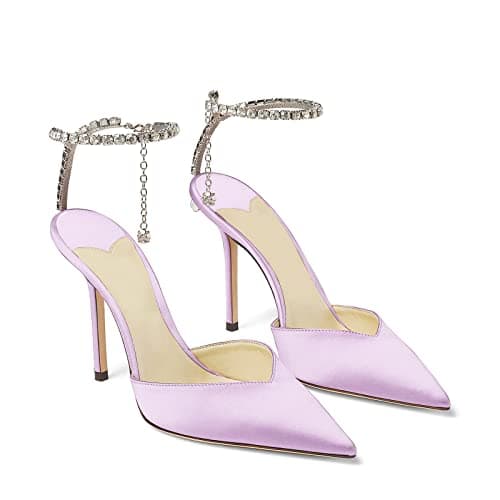 LauraVicci Women's Crystal Chain Heeled Sandals with Rhinestones Buckle Satin Shoes — Purple Satin