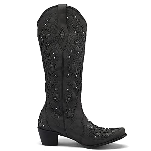 SaraIris Black Cowgirl Booties for Women Knee High Rhinestones