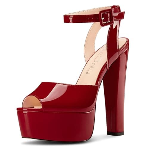 NobleOnly Chunky Heel Ankle Strap Sandals for Women Wedding Party Prom 5.9 Inches — Wine Red