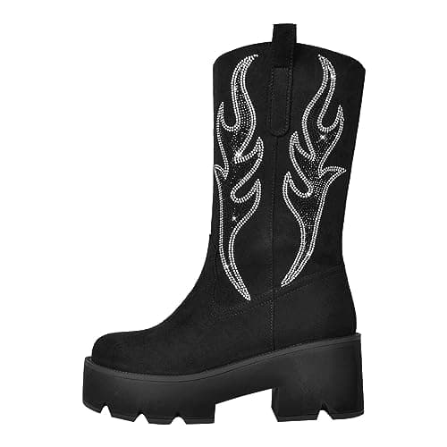Rich heel Mid Calf Booties for Women Embroidered Knee-High Boots — Suede Black