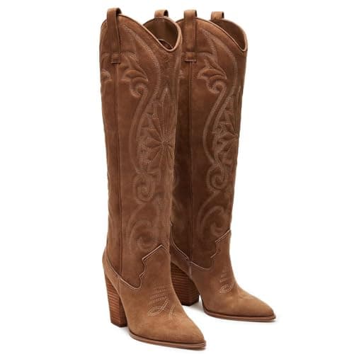 WIRALOMI Women's Embroidered Knee High Cowboy Boots with Chunky Heel