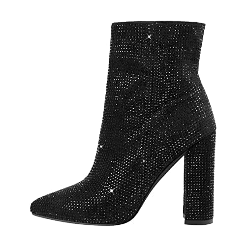 Richealnana Women's Rhinestone Block Heel Knee-High Boots — Black-short