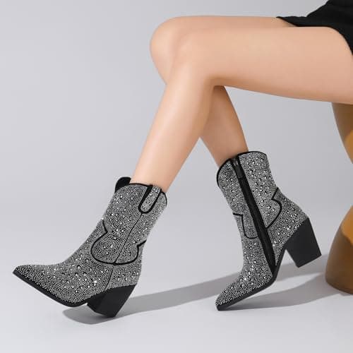 LUMUTA Western Rheinstone Cowboy Boots for Women Comfortable Side Zip Ankle Heels