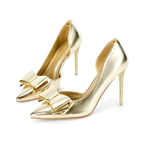 Coutgo Women's Bow Heeled Closed Toe Stiletto Wedding Pumps — Gold