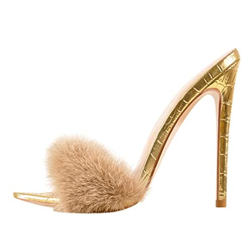 Richealnana Women's Fur Fuzzy Sexy Stiletto Heels — Gold