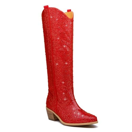 KEEISEA Women's Sparkle Rhinestone Cowboy Boots Wide Glitter Fashion Party — Knee-high Red