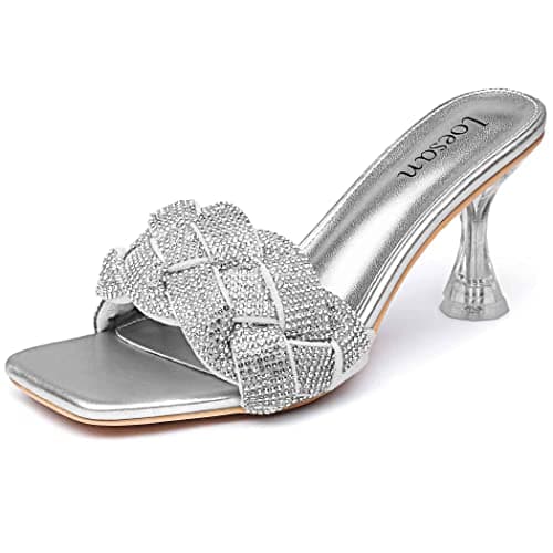 Loesan Women's Clear Lucite Rhinestone Heeled Mules Slip-On Wedding Slippers — Silver