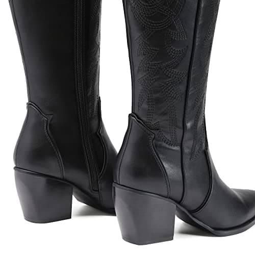 Womens Cowboy Boots - Comfortable, Chunky Heel, Pointed Toe, Embroidered Western Cowgirl Knee High Boots
