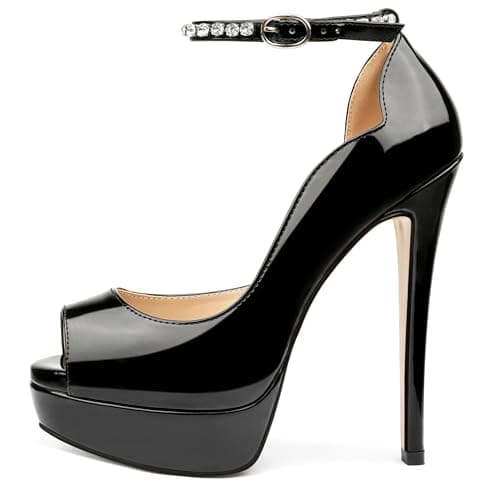 MERUMOTE Women's 6 Inch Stiletto Heels Peep Toe Pumps for Dress & Wedding Party — Black With Shiny Chain