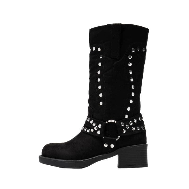 Richealnana Women's Studded Faux Suede Moto Boots — Black
