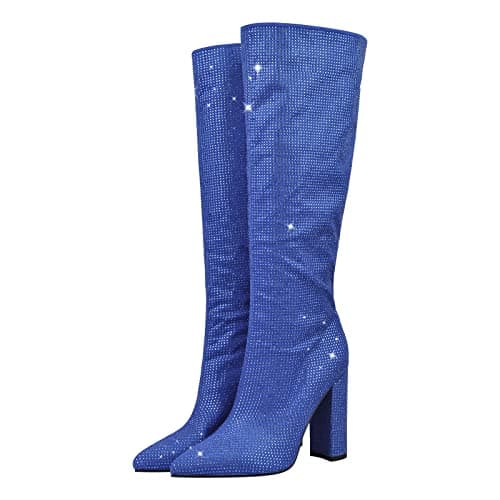 Richealnana Women's Rhinestone Block Heel Knee-High Boots