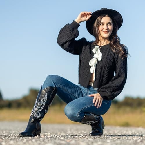 Platikly Women's Wide Calf Rhinestone Knee High western Boots with Glitter Zipper