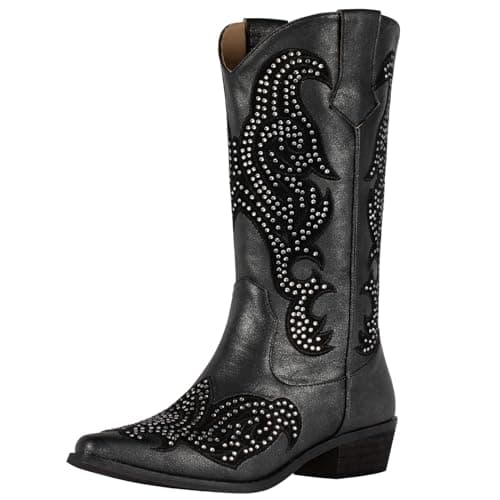 SheSole Women's Sparkly Black Rhinestone Cowgirl Boots for Party & Wedding