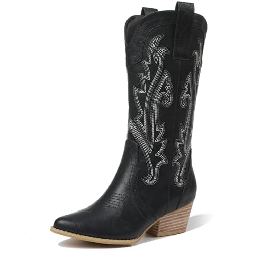 FemFlame Women's Pointed Toe Mid Calf Cowboy Boots — Black