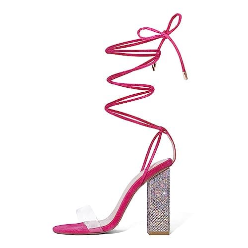 Genshuo Women's Strappy Rhinestone Chunky Heel Open Toe Party Wedding Shoes — Hot Pink