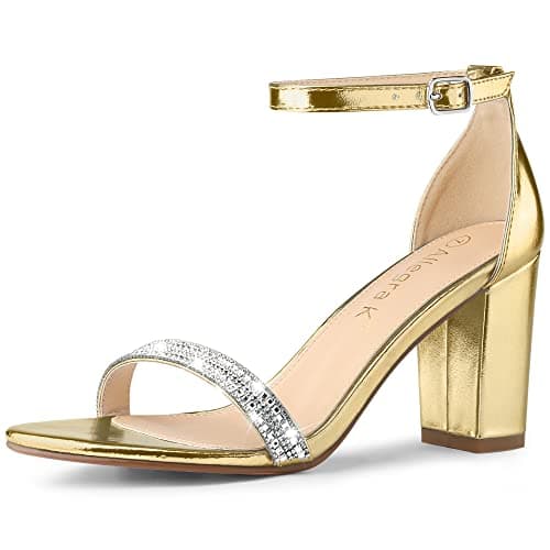 Allegra K Women's Rhinestone Ankle Strap Chunky Heels — Gold