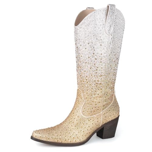 MissMiller Women's Sparkly Rhinestone Mid-Calf Cowboy Boots with Pull-On Tabs — Gold Silver