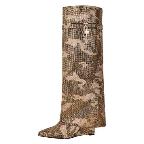 Richealnana Women's Rhinestone Wedge Knee-High Boots — Camouflage