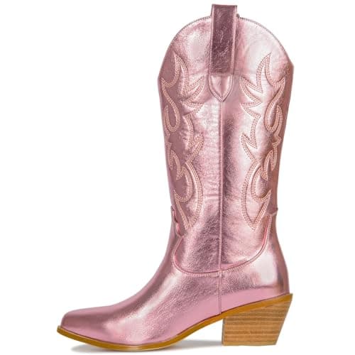 Ouepiano Women's Western Embroidered Booties, Mid Calf Pointed Toe Chunky Heel Pull-On Boots — Metallic Pink