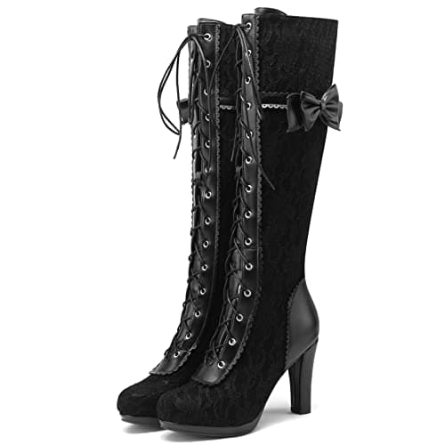 KysBloes Women's Goth Lace Knee High Boots with Buckle Heel — Y-black-1