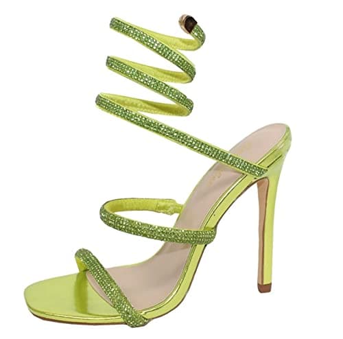 Bonnibel Women's Rhinestone Spiral Ankle Strap Heels Sandals — Green Rhinestone