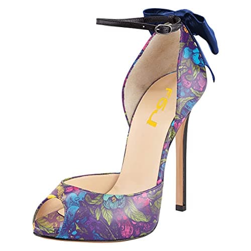 FSJ Women's Bridal Stiletto Heels with Ankle Straps and Buckle Size 4-15 US — Purple Floral