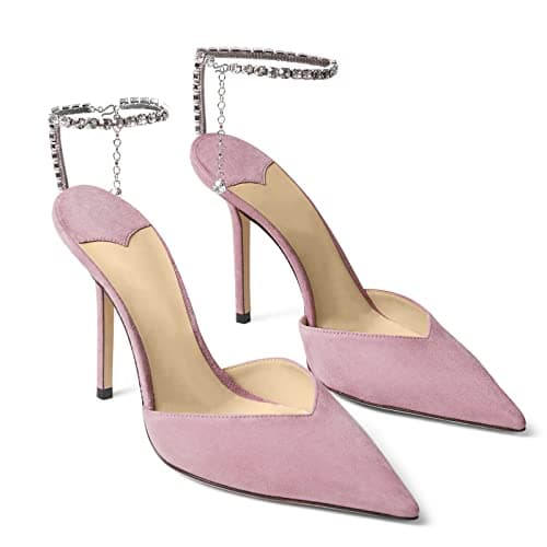 LauraVicci Women's Crystal Chain Heeled Sandals with Rhinestones Buckle Satin Shoes — Pink Suede
