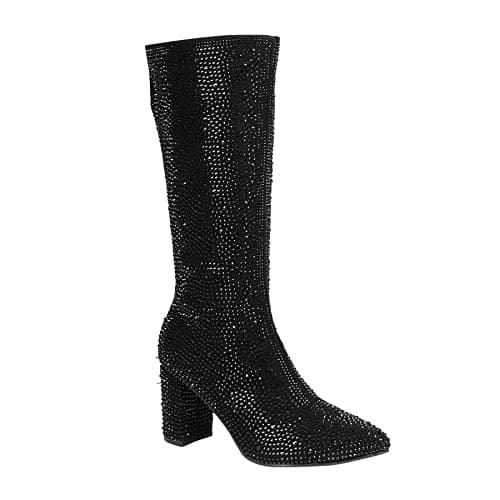 ABSOLEX Women's Pointed Toe Rhinestone Knee High Boot — Black