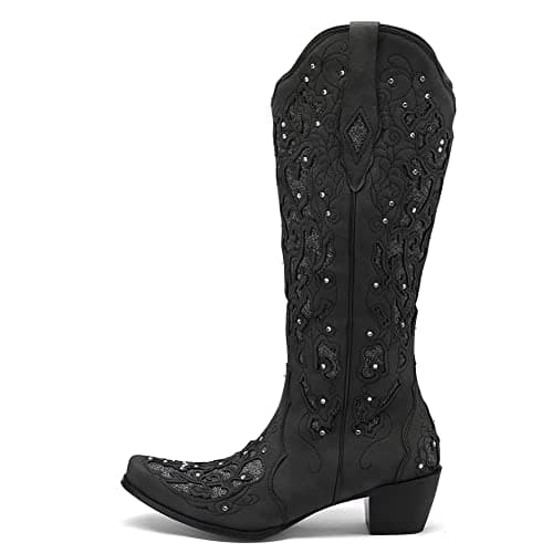 SaraIris Black Cowgirl Booties for Women Knee High Rhinestones