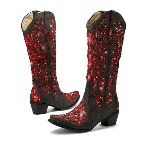 LingxiaUne Sparkly Rhinestone Western Cowboy Boot with Embroidery for Women — Red