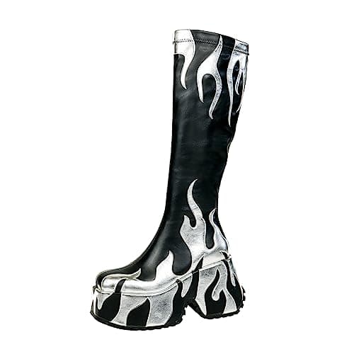 Women's Chunky Sole Flame Print Boots — Black