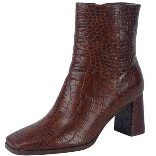 MISSMILLER Rhinestone Chunky Heel Pointed Toe Ankle Boots for Women — Crocodile Brown