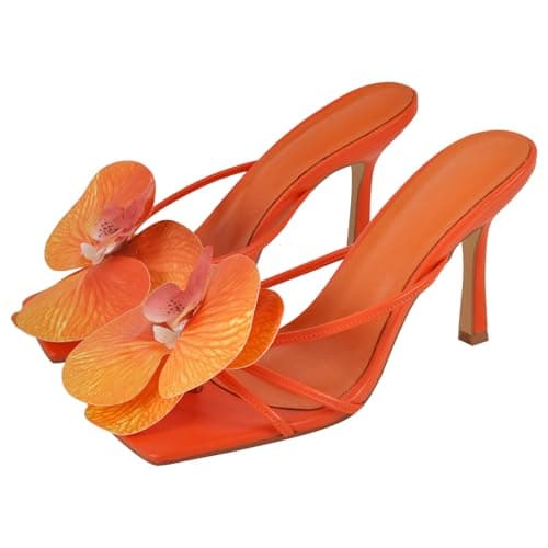Richealnana Women's Clear Square Toe Stiletto Heel Slip-On Mules — Orange-flower