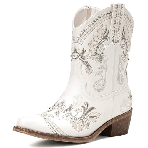 Rivalran Western Embroidered Cowgirl Boots with Sparkly Rhinestones