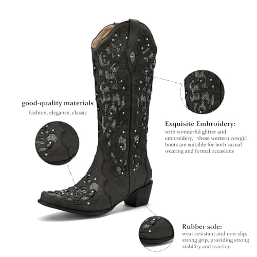 LingxiaUne Sparkly Rhinestone Western Cowboy Boot with Embroidery for Women