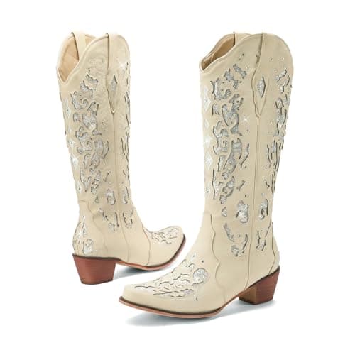 LingxiaUne Sparkly Rhinestone Western Cowboy Boot with Embroidery for Women — White