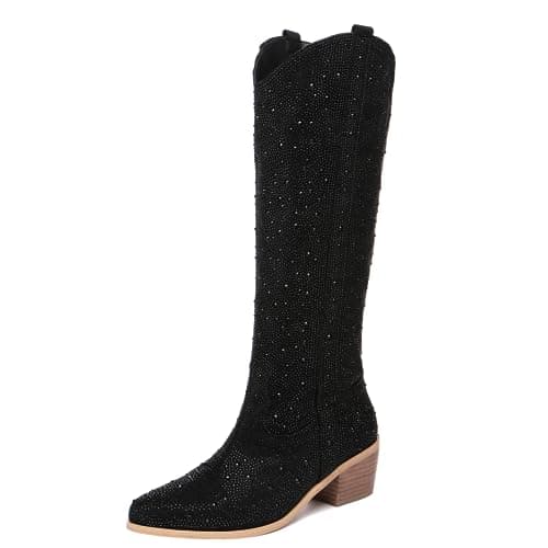 Sparkly Rhinestone Knee High Boots for Women Cowgirl Bling Shoes — Black