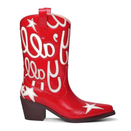 HOCHFART Women's Mid-Calf Metallic Cowboy BootsFashion Embroidery Pull-On — Red