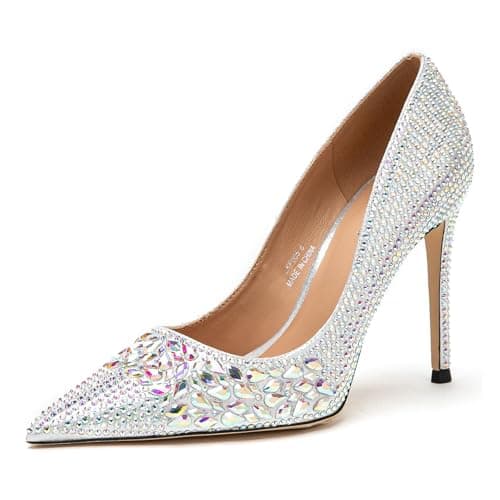 Lryweisy Women's 4 Inch Stiletto Rhinestone Heels for Wedding Party Shoes — Siver