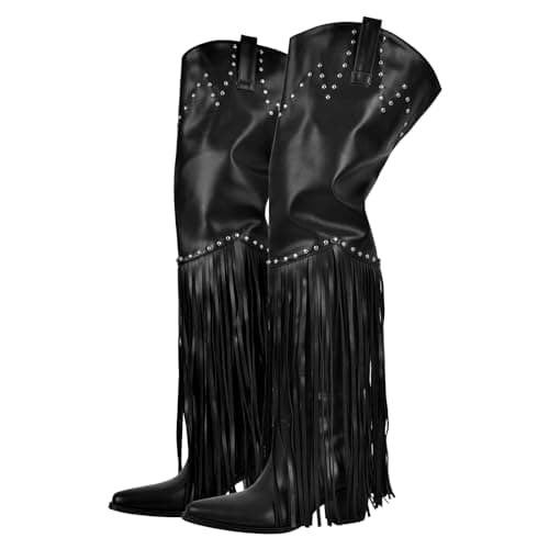 Richealnini Fringe Thigh High Zip-Up Western Boots — Black