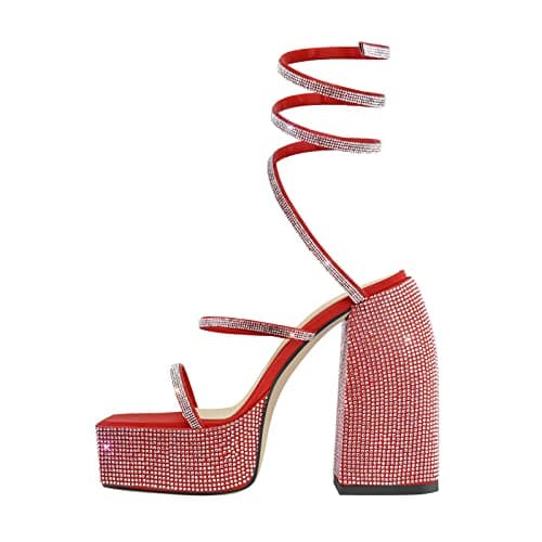 Richealnana Women's Platform Chunky Block Heel Rhinestone Strap Sandals