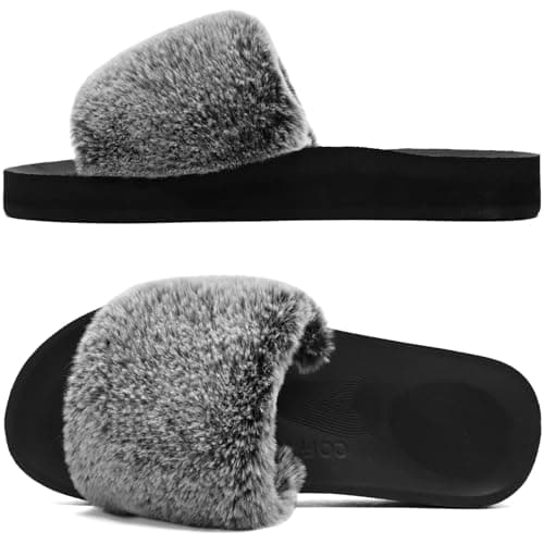 COFACE Women's Memory Foam Plush Slip-On Slippers Anti-Skid Fur Indoor Outdoor — Greyblack