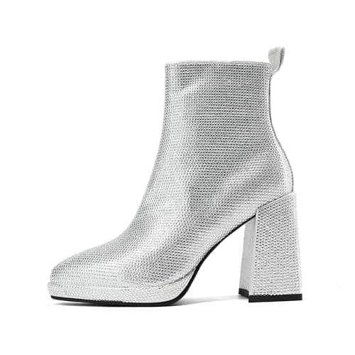 LUMUTA Western Rheinstone Cowboy Boots for Women Comfortable Side Zip Ankle Heels — Silver